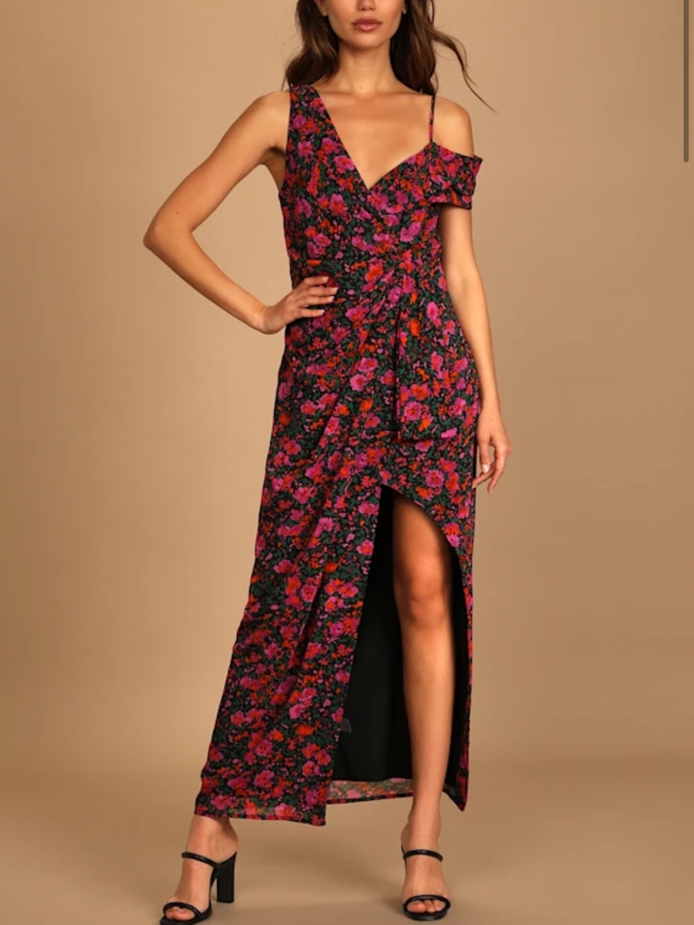 Lulu's Black One-Shoulder Maxi Dress with Pink and Red Floral Print